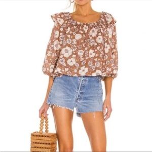 Free People Miss Daisy Printed Top Puff Sleeve Ruffle Floral Size Small